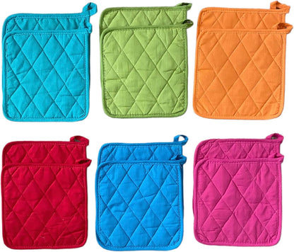 Soft Textiles 12 Piece Machine Washable 8 x 8 Multiple Color Pot Holder Set Made of 100% Cotton